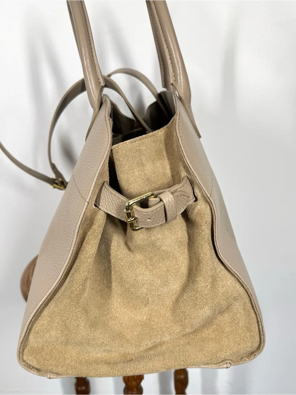 Anna Paola Riva Beige Pebbled Leather Top Handle Satchel Crossbody Shoulder Bag